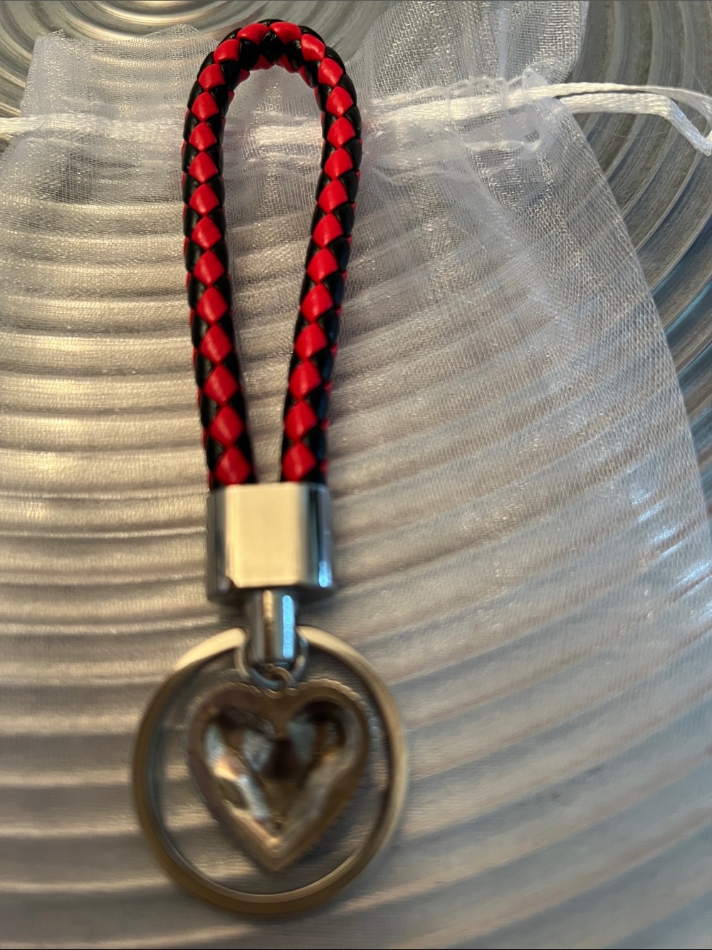 Red Braided with Black leather Heart Keychain Charm - Women Accessories - Picture 2 of 3